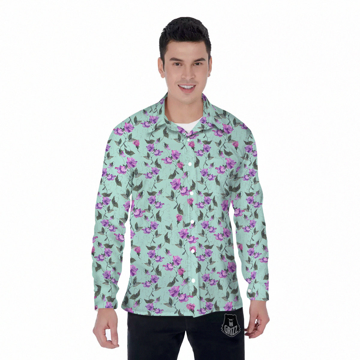 Sweet Pea Watercolor Print Pattern Men's Long Sleeve Shirts-grizzshop