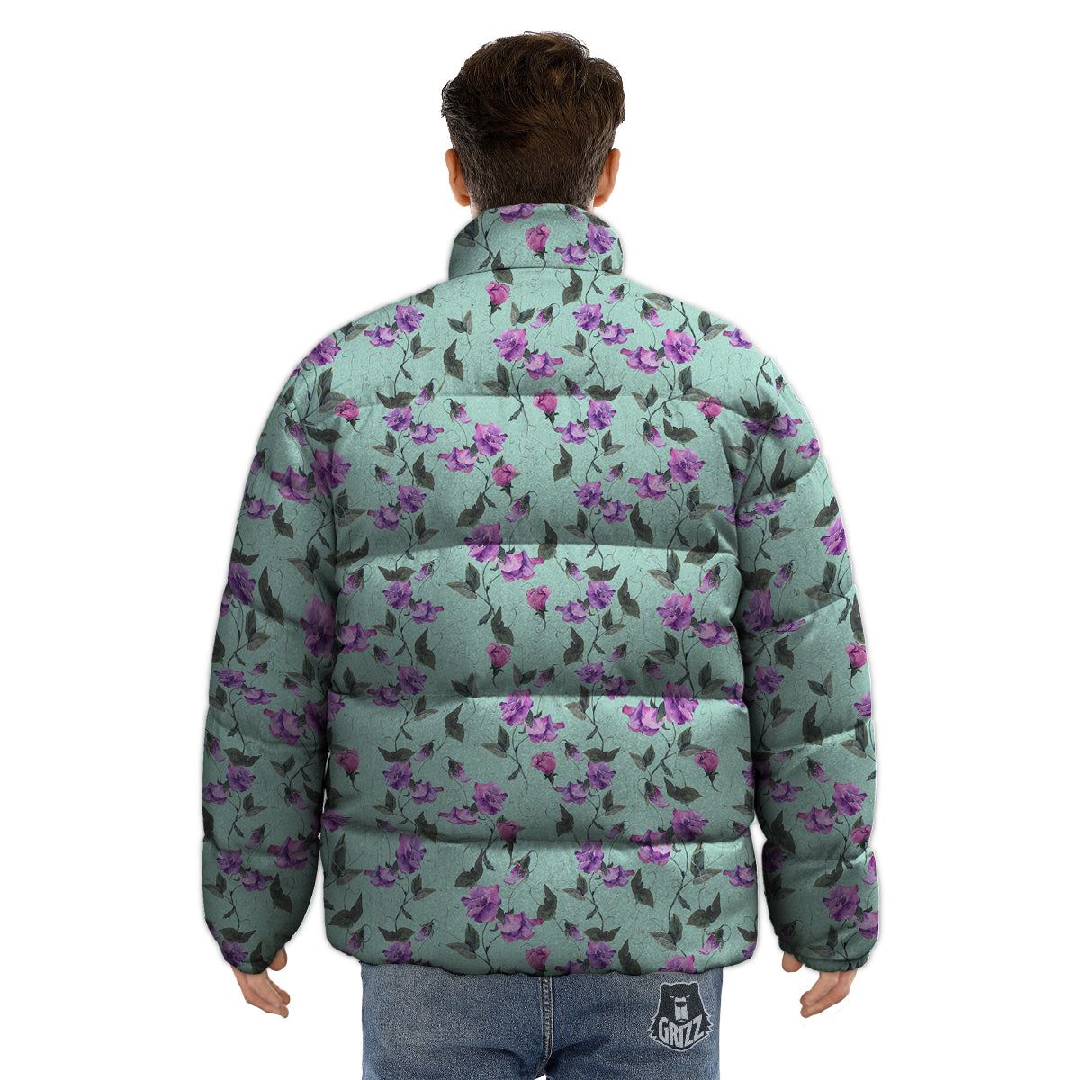 Sweet Pea Watercolor Print Pattern Puffer Jacket-grizzshop