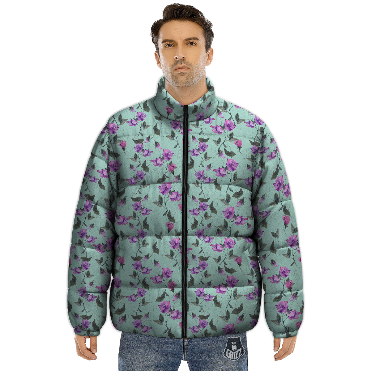 Sweet Pea Watercolor Print Pattern Puffer Jacket-grizzshop