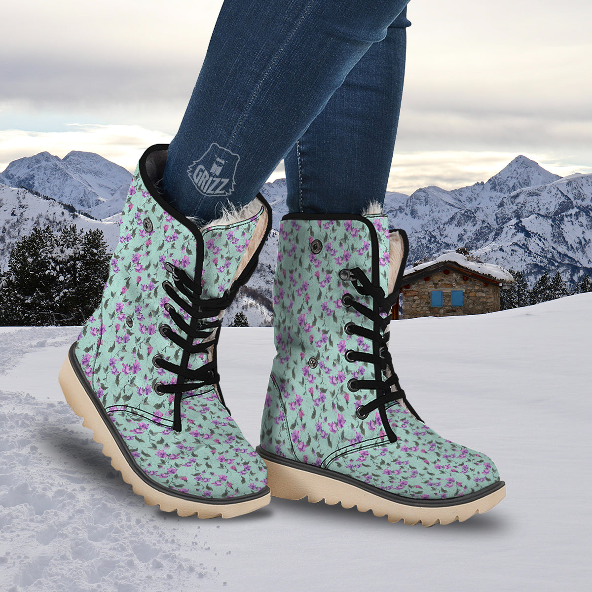 Sweet Pea Watercolor Print Pattern Snow Boots-grizzshop