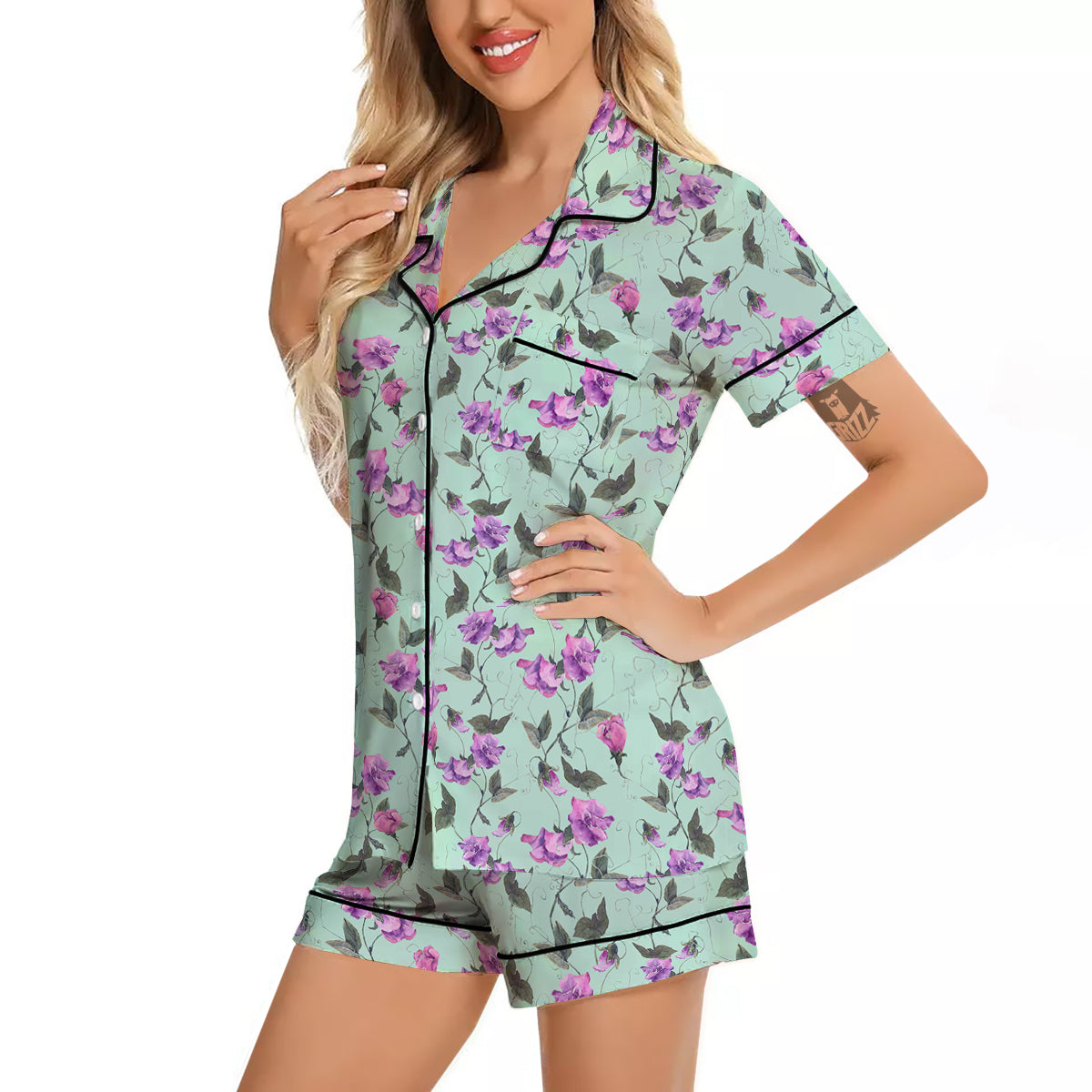 Sweet Pea Watercolor Print Pattern Women Silk Pajamas-grizzshop