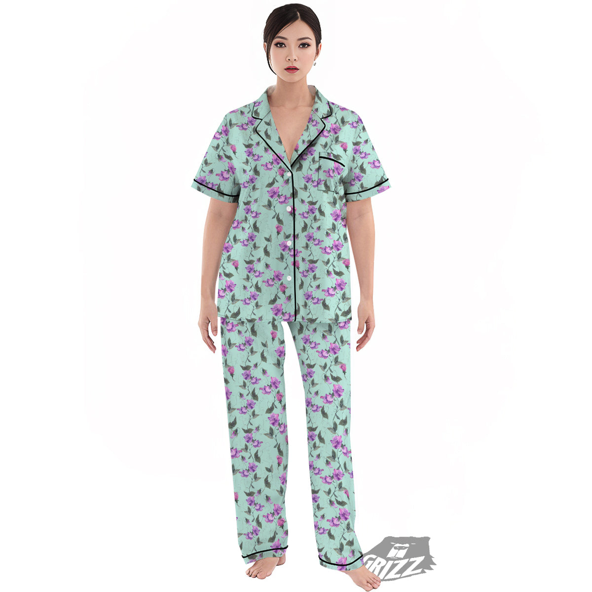 Sweet Pea Watercolor Print Pattern Women's Pajamas Set-grizzshop