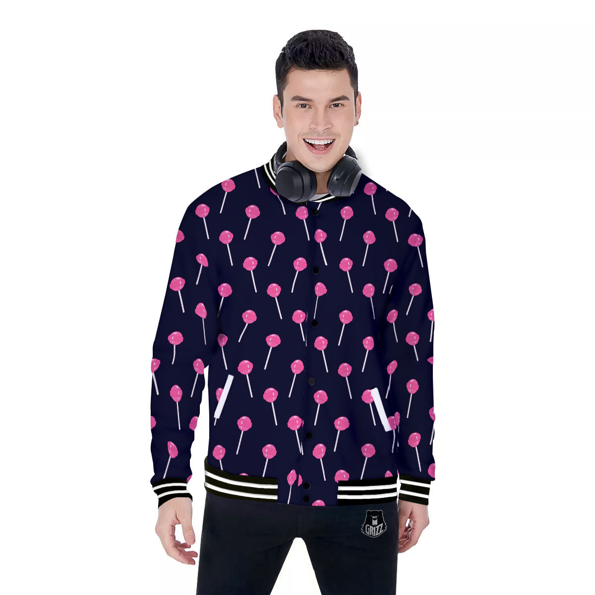 Sweet Pink Lollipop Print Pattern Baseball Jacket-grizzshop