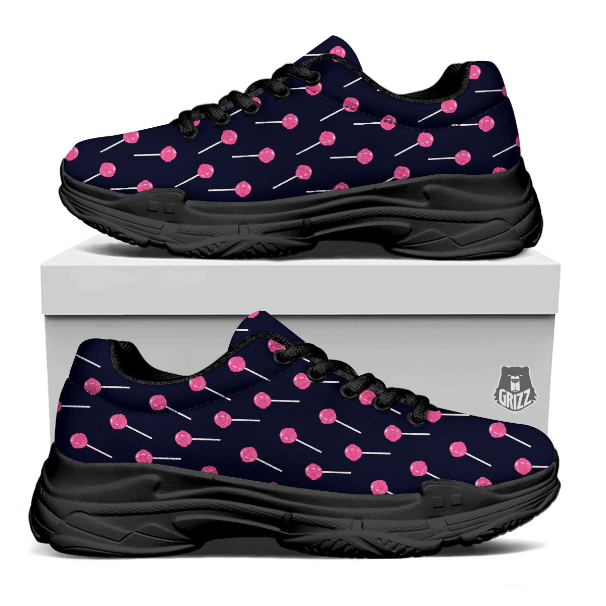 Sweet Pink Lollipop Print Pattern Black Chunky Shoes-grizzshop
