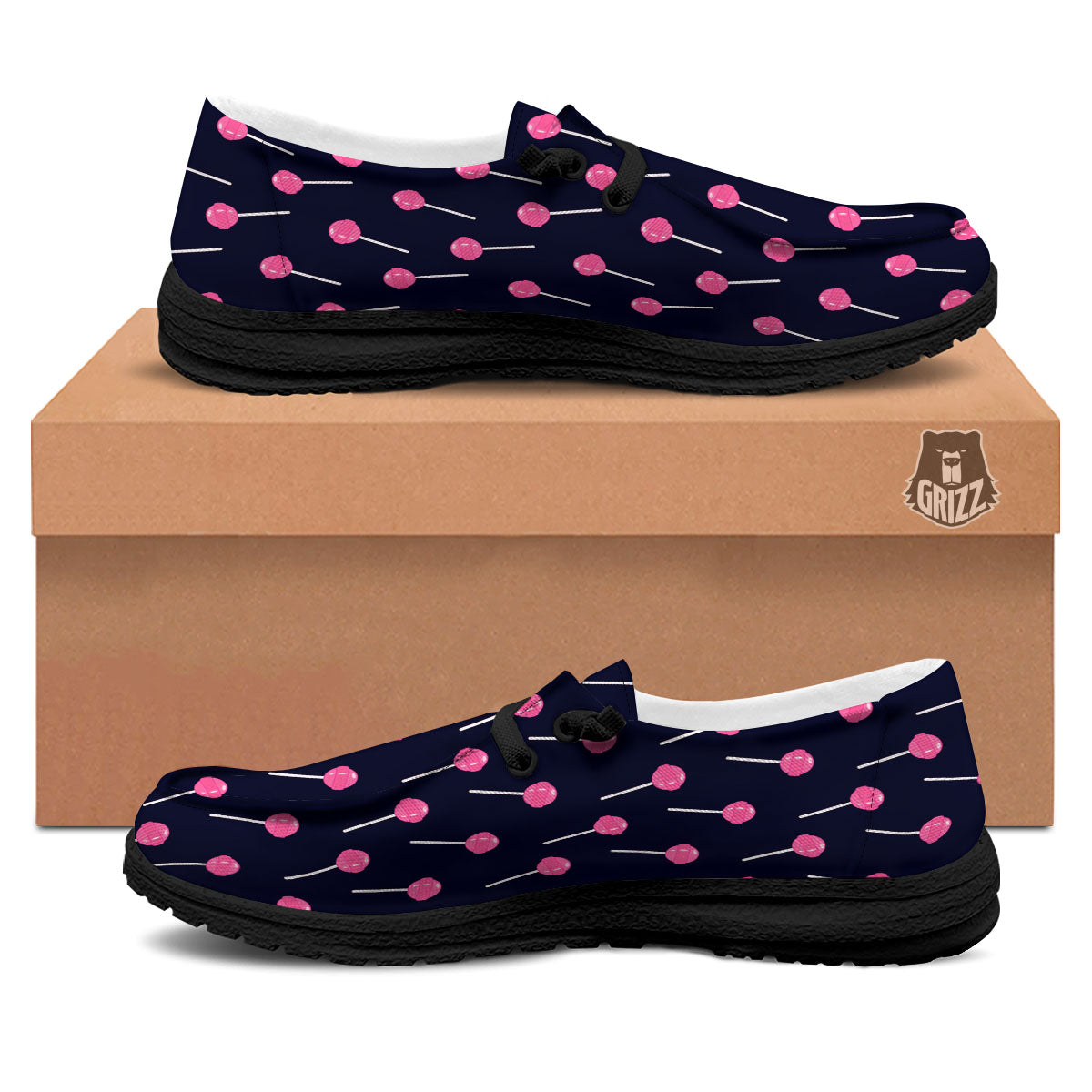 Sweet Pink Lollipop Print Pattern Black Loafers-grizzshop