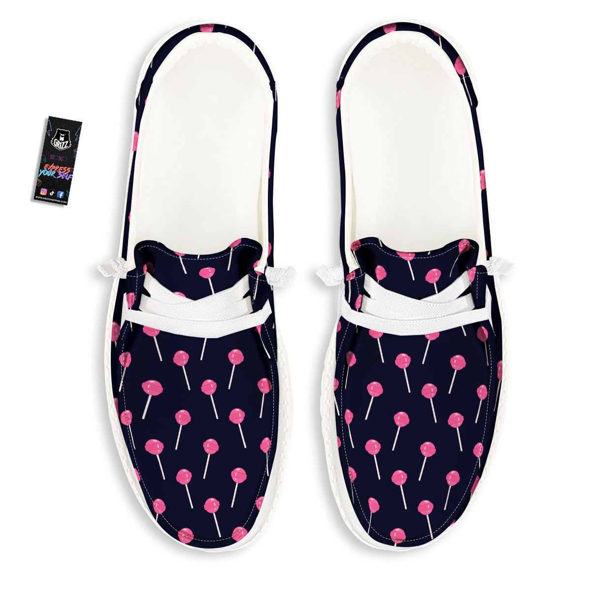 Sweet Pink Lollipop Print Pattern Black Loafers-grizzshop