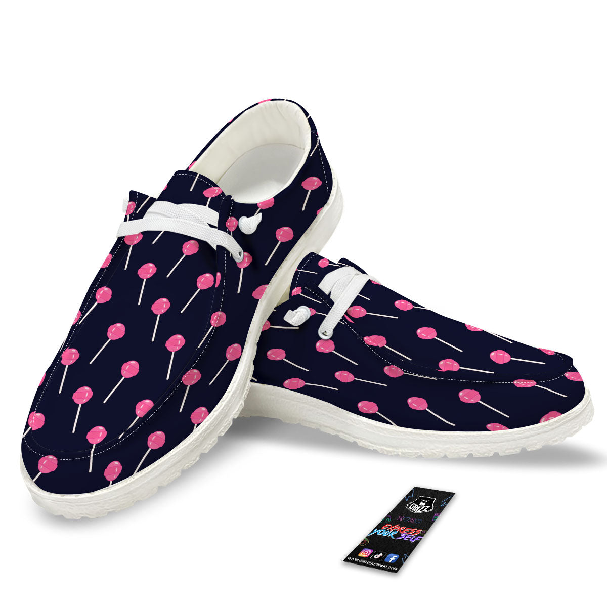 Sweet Pink Lollipop Print Pattern Black Loafers-grizzshop