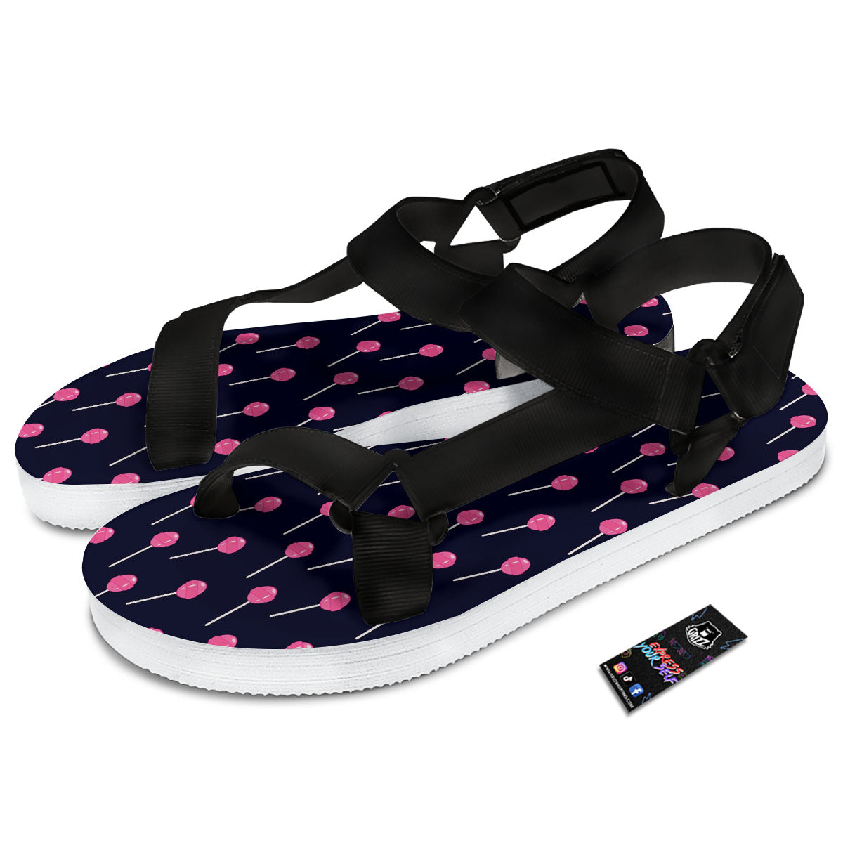 Sweet Pink Lollipop Print Pattern Black Open Toe Sandals-grizzshop