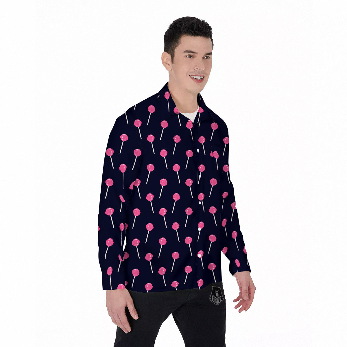 Sweet Pink Lollipop Print Pattern Men's Long Sleeve Shirts-grizzshop