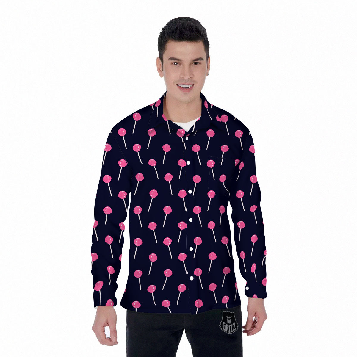 Sweet Pink Lollipop Print Pattern Men's Long Sleeve Shirts-grizzshop