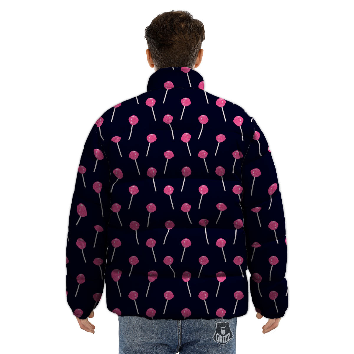 Sweet Pink Lollipop Print Pattern Puffer Jacket-grizzshop