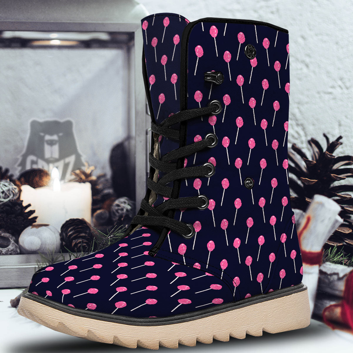 Sweet Pink Lollipop Print Pattern Snow Boots-grizzshop