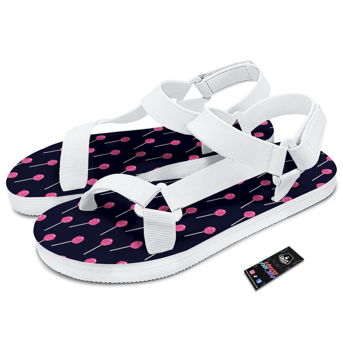 Sweet Pink Lollipop Print Pattern White Open Toe Sandals-grizzshop