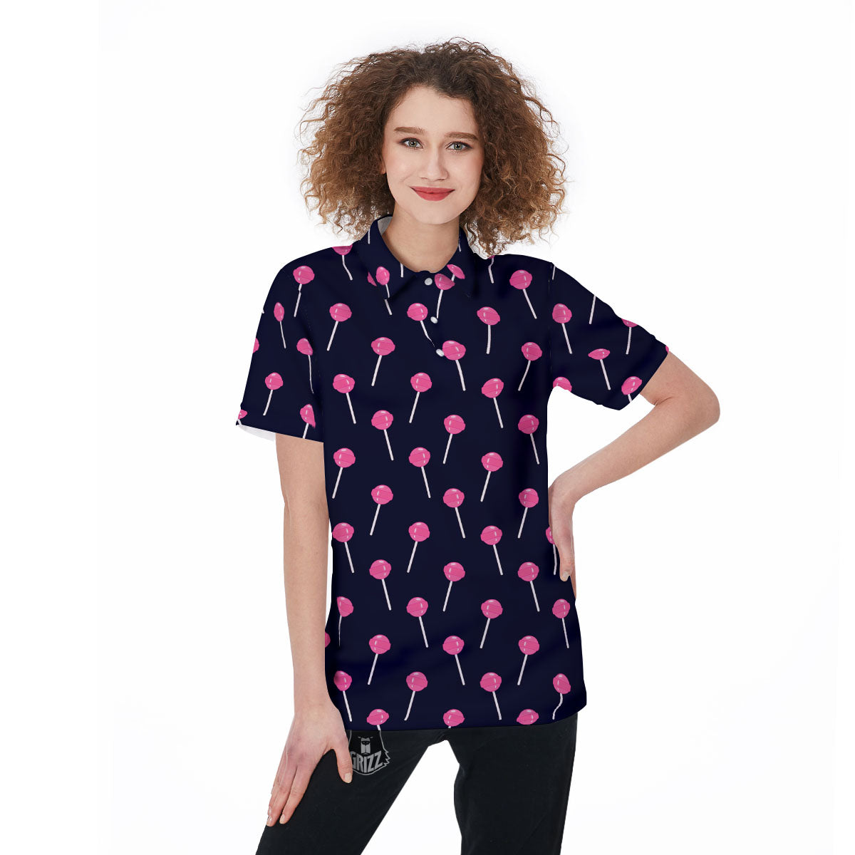 Sweet Pink Lollipop Print Pattern Women's Golf Shirts-grizzshop