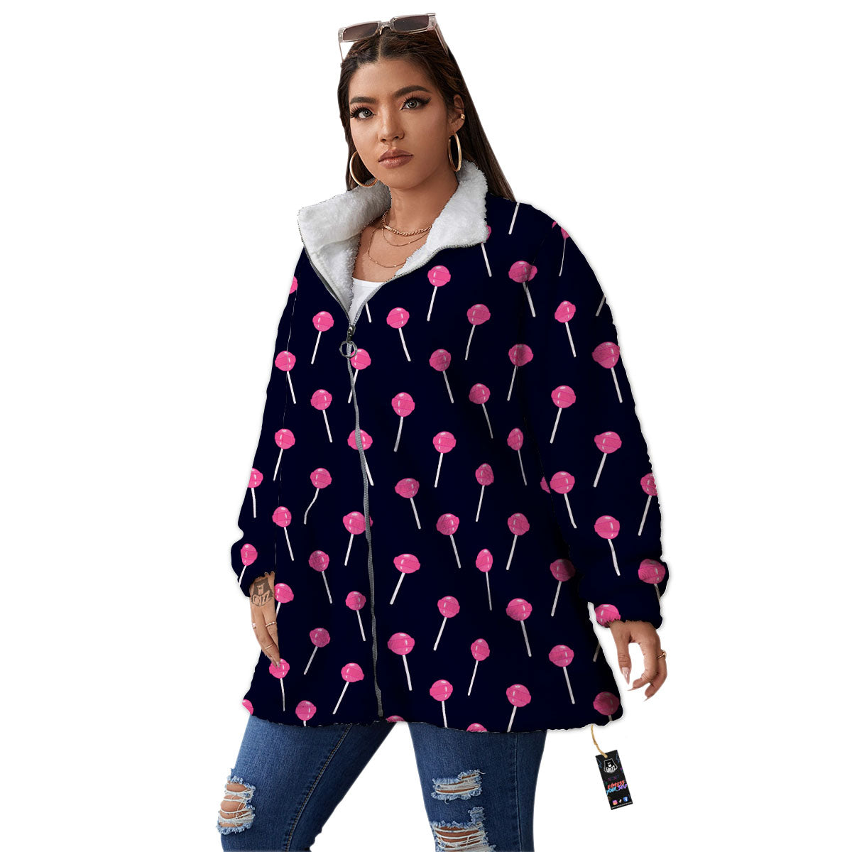 Sweet Pink Lollipop Print Pattern Women's Sherpa Jacket-grizzshop
