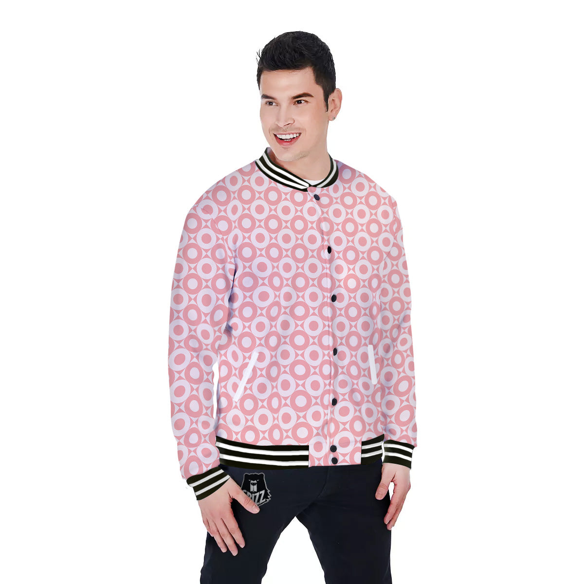 Sweet Pink Round And Square Print Pattern Baseball Jacket-grizzshop