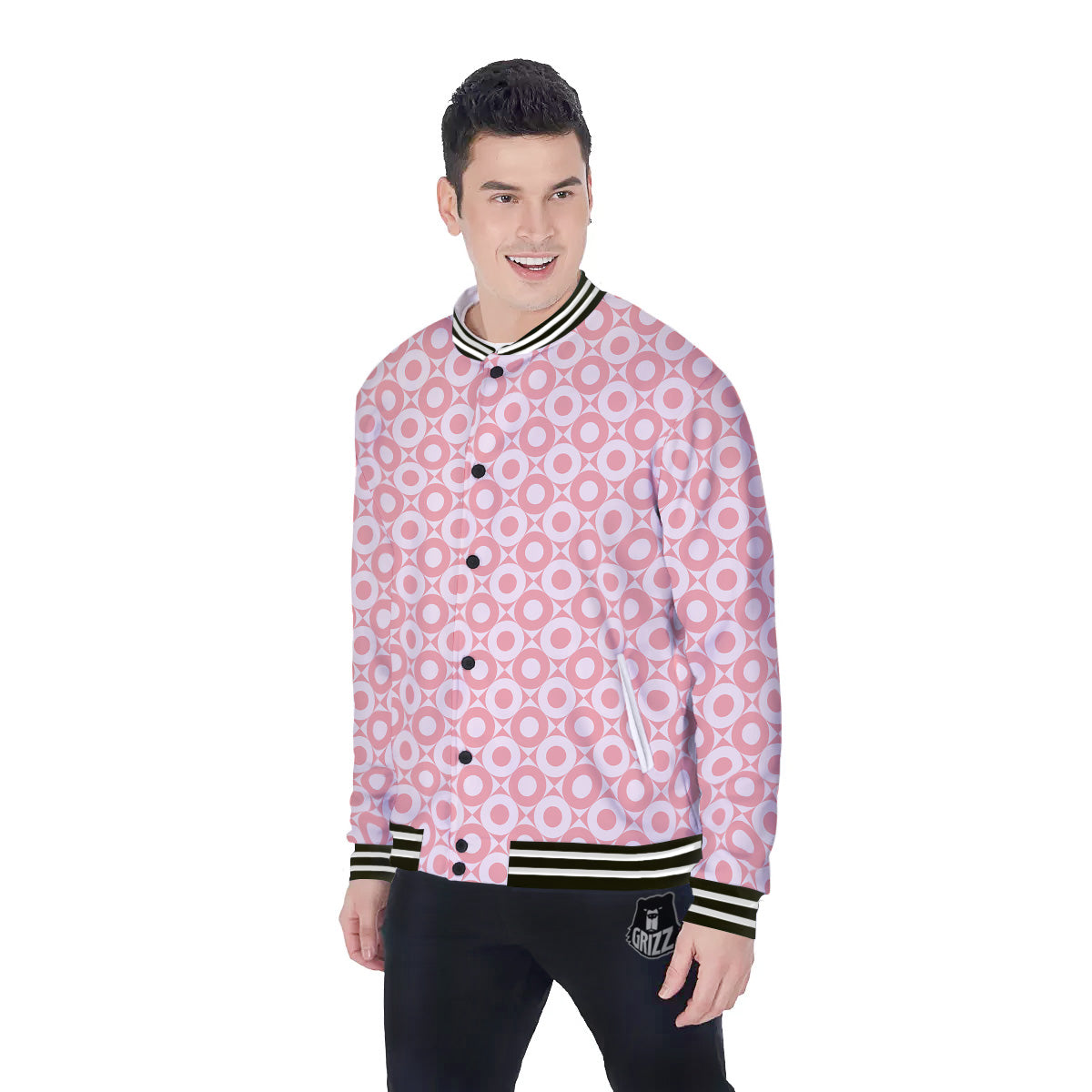 Sweet Pink Round And Square Print Pattern Baseball Jacket-grizzshop