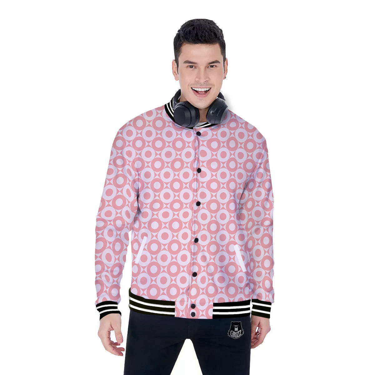 Sweet Pink Round And Square Print Pattern Baseball Jacket-grizzshop