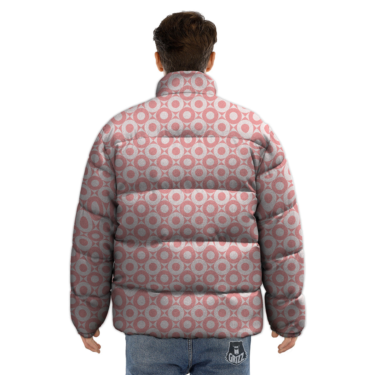Sweet Pink Round And Square Print Pattern Puffer Jacket-grizzshop