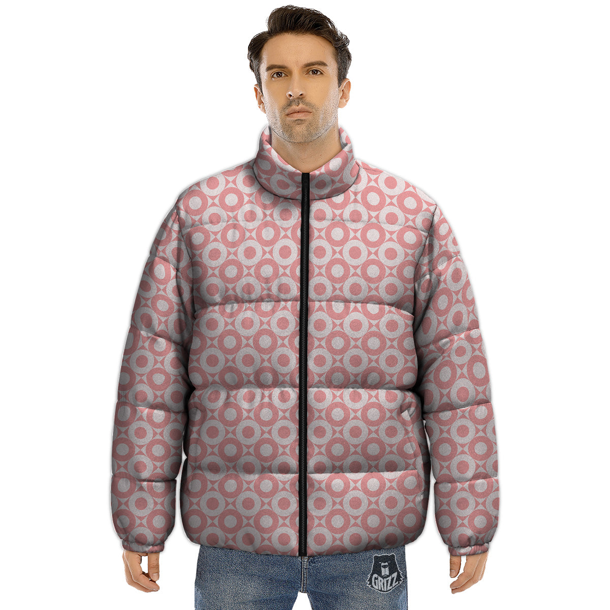 Sweet Pink Round And Square Print Pattern Puffer Jacket-grizzshop