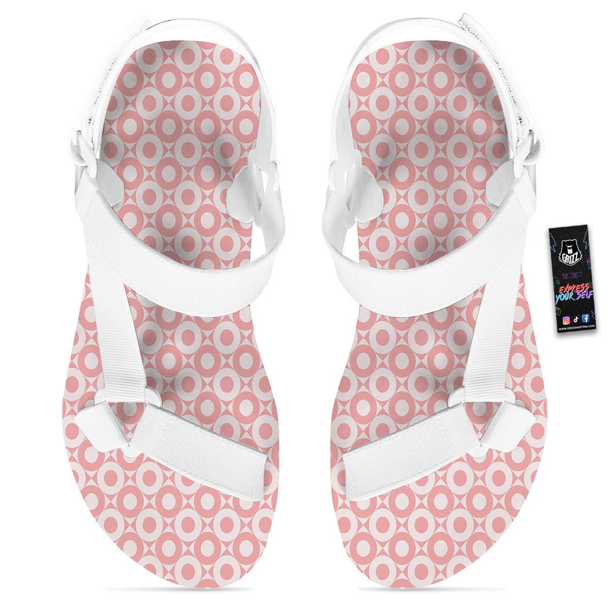 Sweet Pink Round And Square Print Pattern White Open Toe Sandals-grizzshop