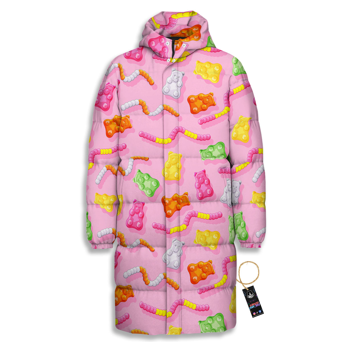 Sweet Gummy Bears And Worms Print Pattern Long Down Jacket