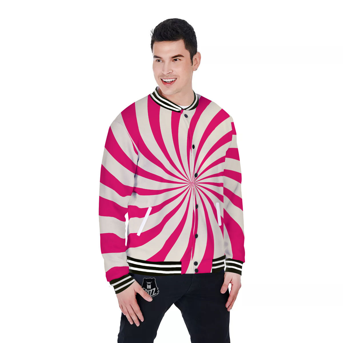 Swirl Candy Pink Print Baseball Jacket-grizzshop