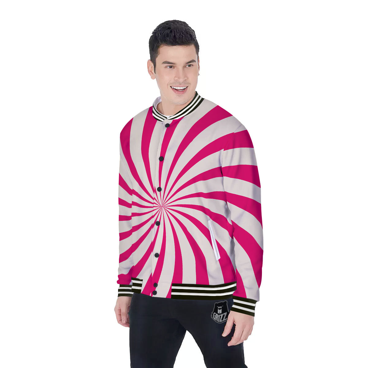 Swirl Candy Pink Print Baseball Jacket-grizzshop