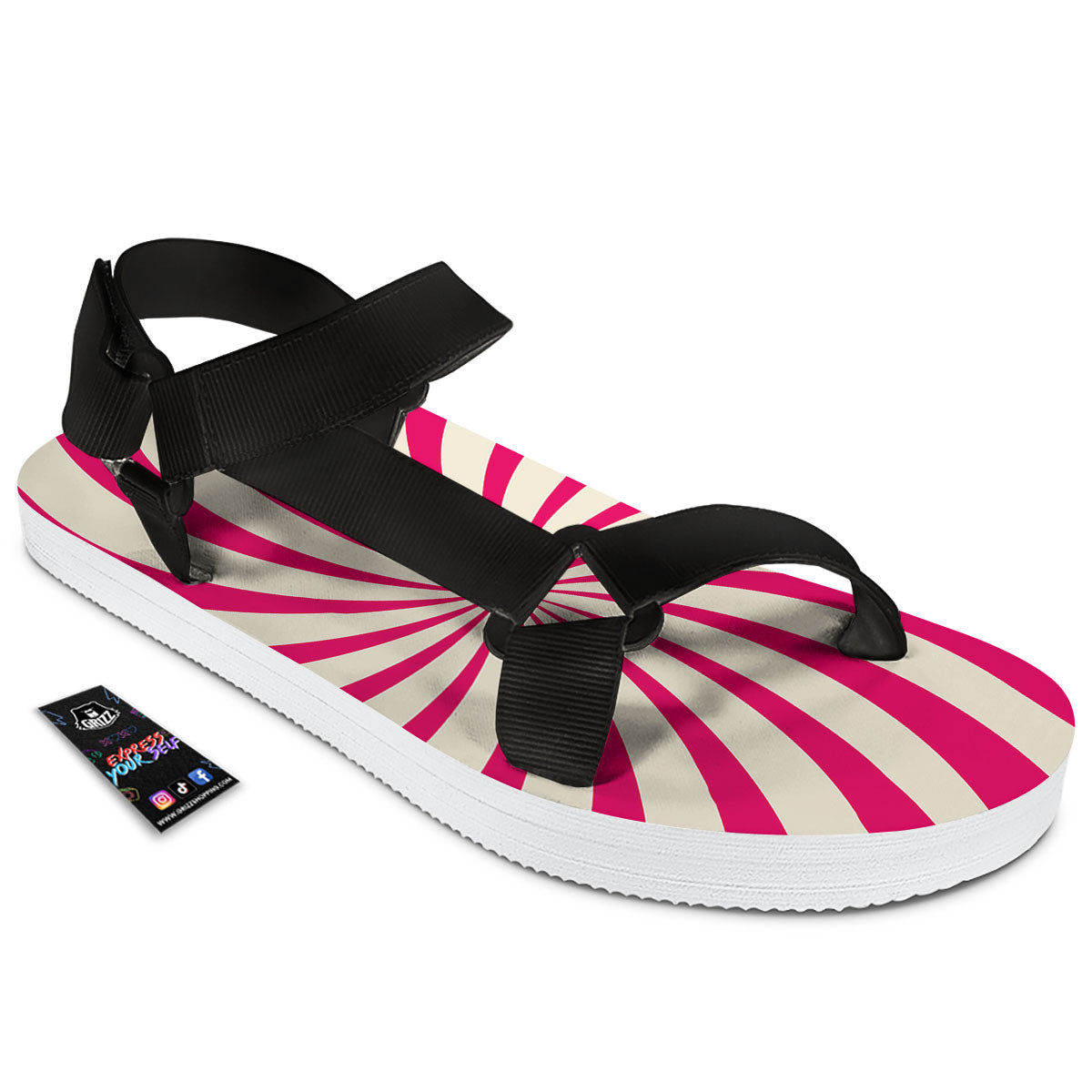 Swirl Candy Pink Print Black Open Toe Sandals-grizzshop