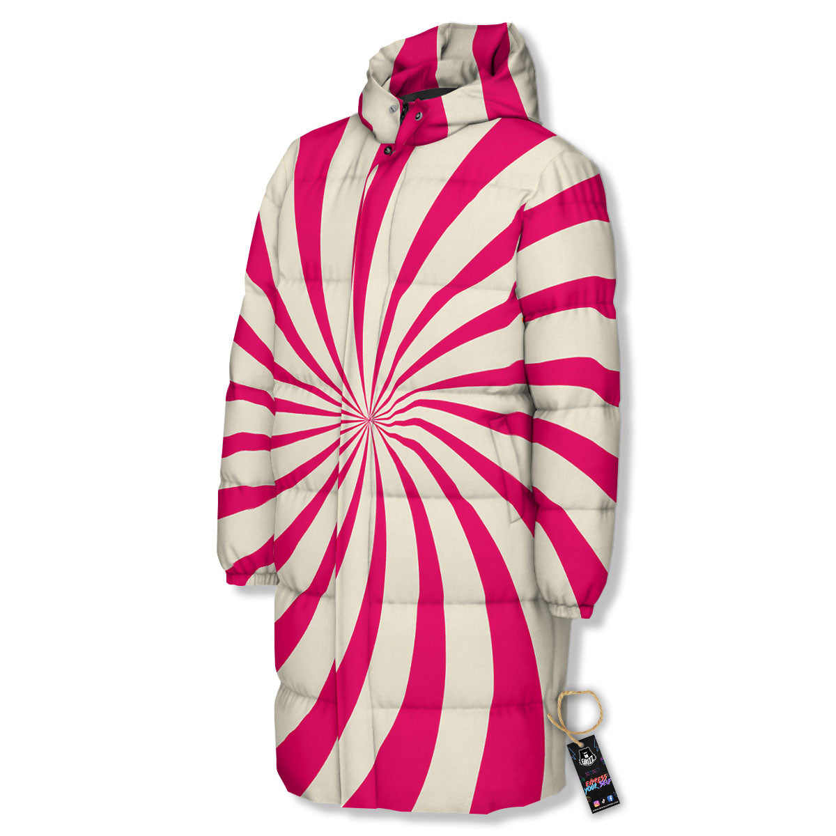 Swirl Candy Pink Print Long Down Jacket-grizzshop
