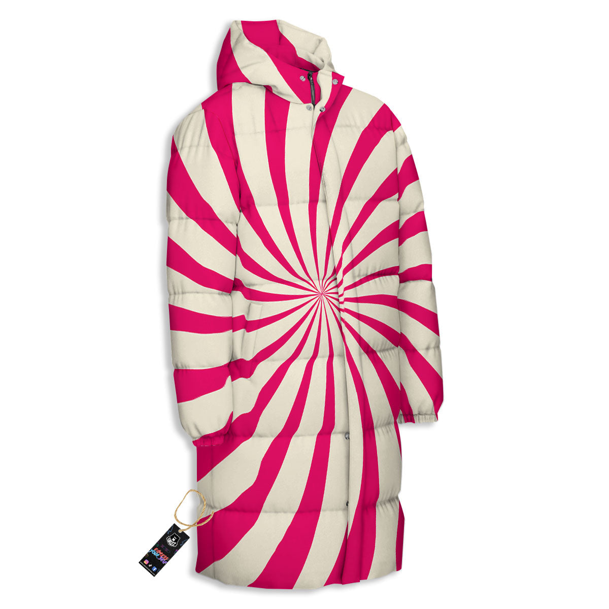 Swirl Candy Pink Print Long Down Jacket-grizzshop