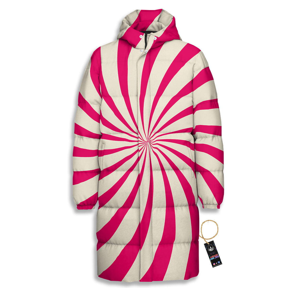 Swirl Candy Pink Print Long Down Jacket-grizzshop