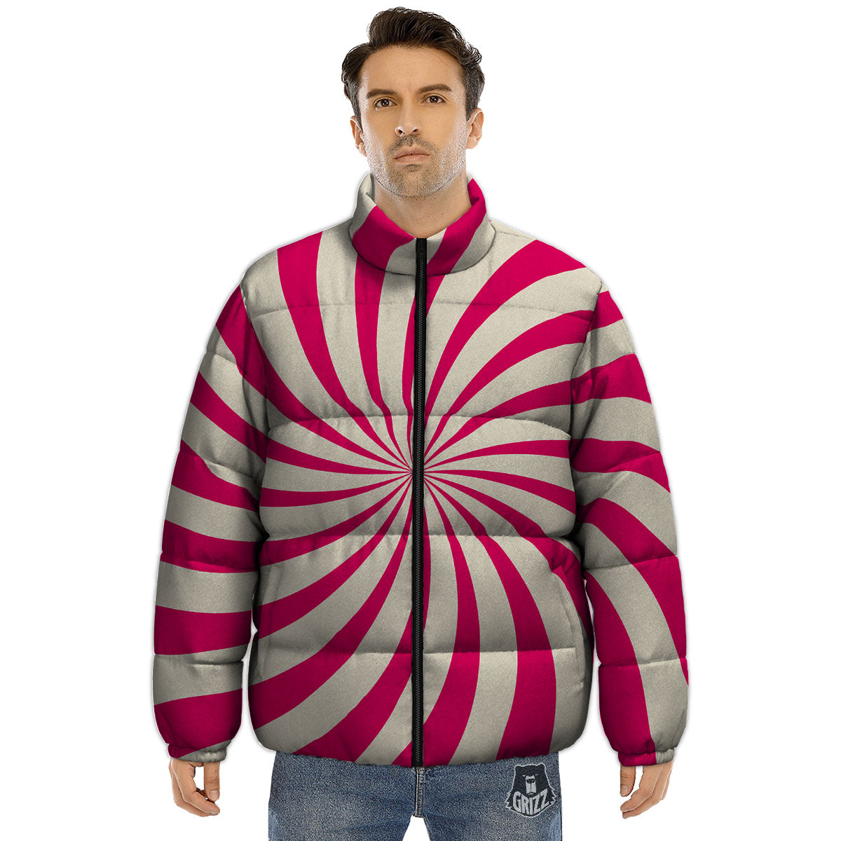 Swirl Candy Pink Print Puffer Jacket-grizzshop