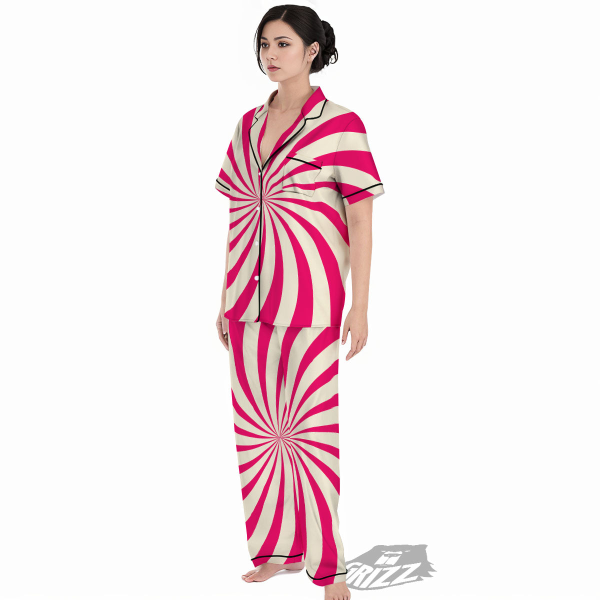 Swirl Candy Pink Print Women's Pajamas Set-grizzshop