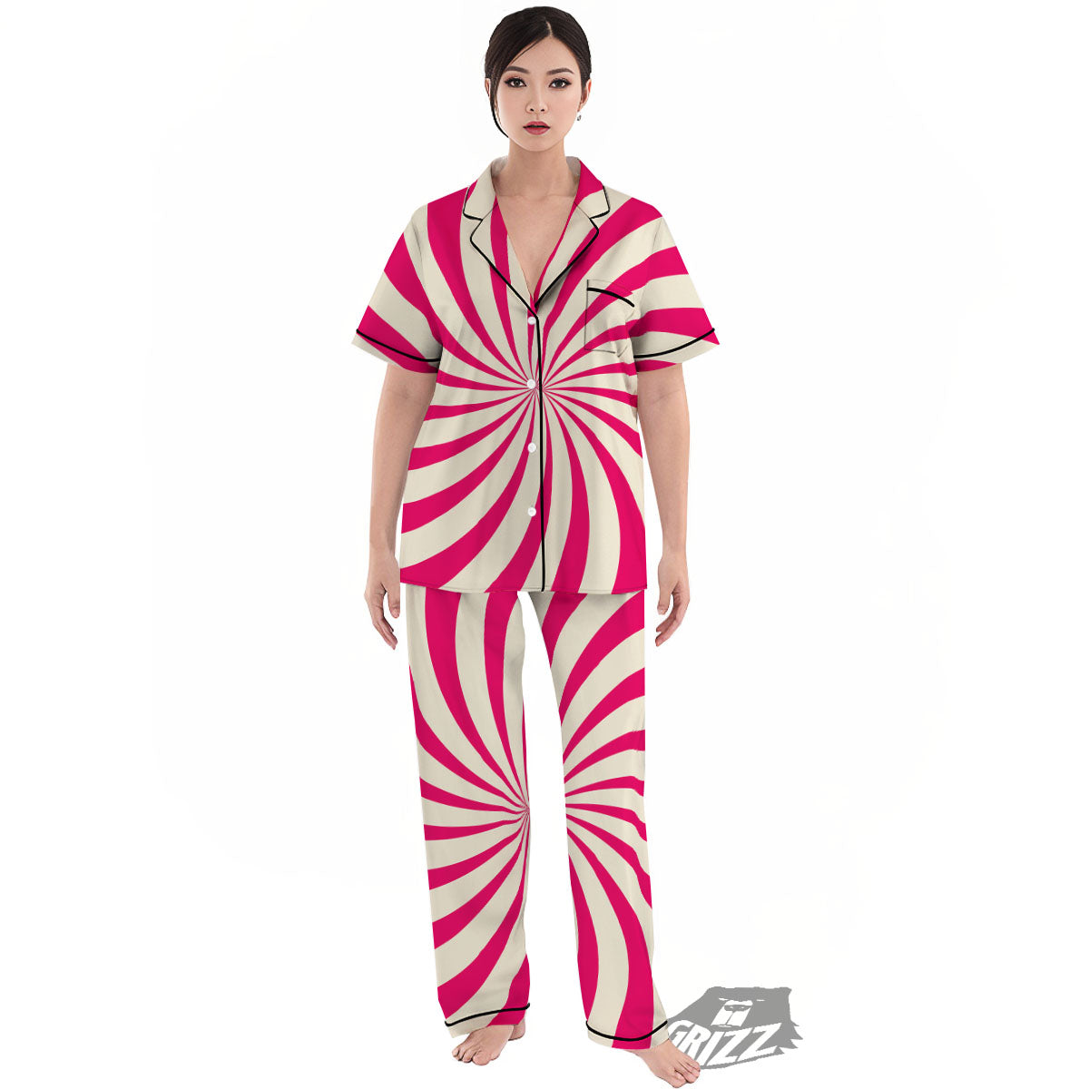 Swirl Candy Pink Print Women's Pajamas Set-grizzshop