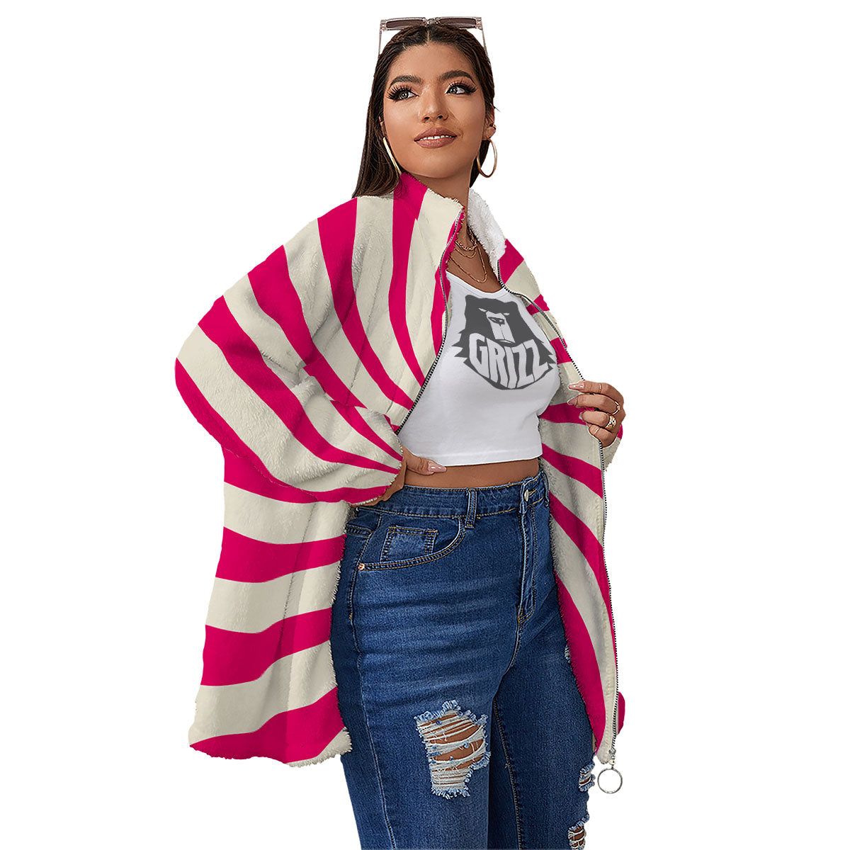 Swirl Candy Pink Print Women's Sherpa Jacket-grizzshop