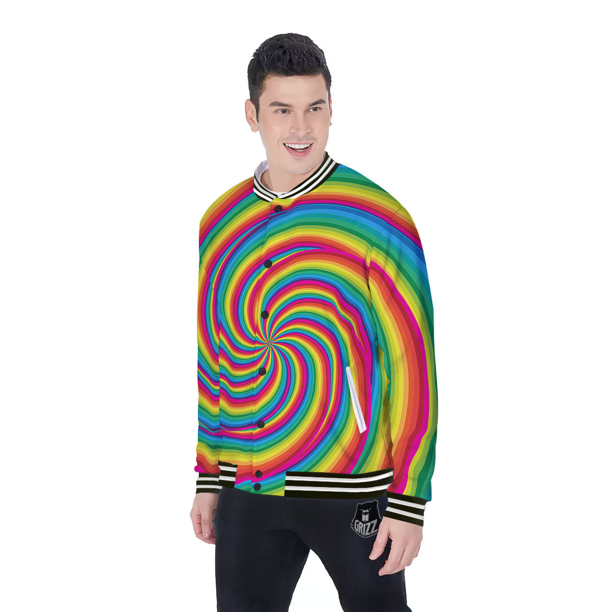 Swirl Candy Rainbow Print Baseball Jacket-grizzshop