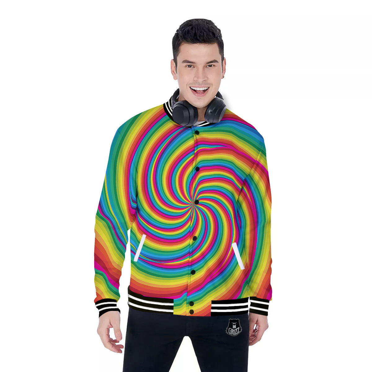Swirl Candy Rainbow Print Baseball Jacket-grizzshop