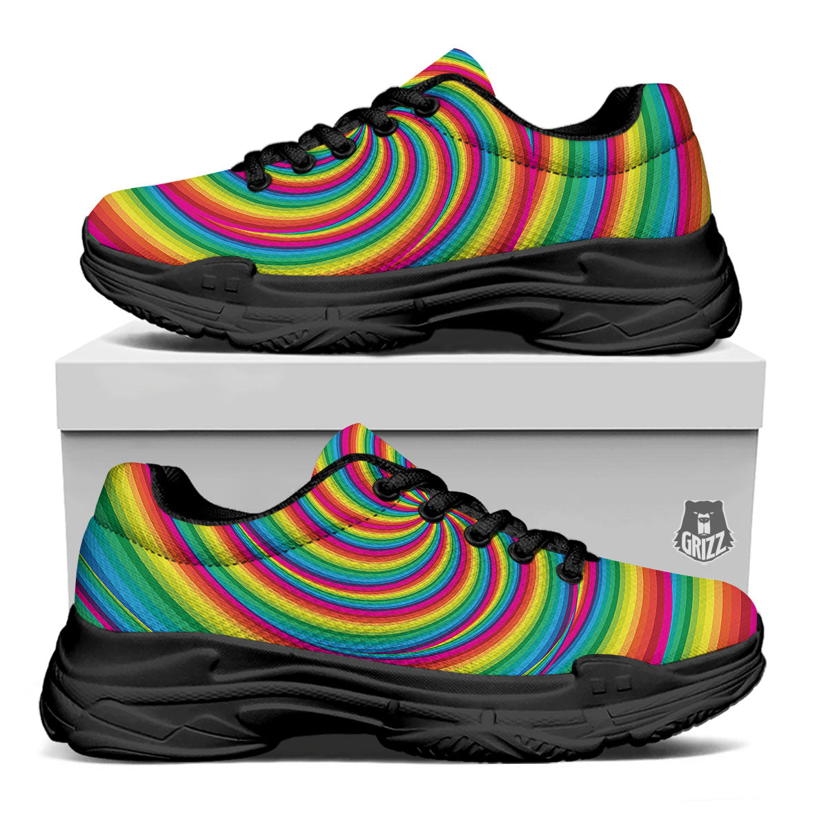 Swirl Candy Rainbow Print Black Chunky Shoes-grizzshop