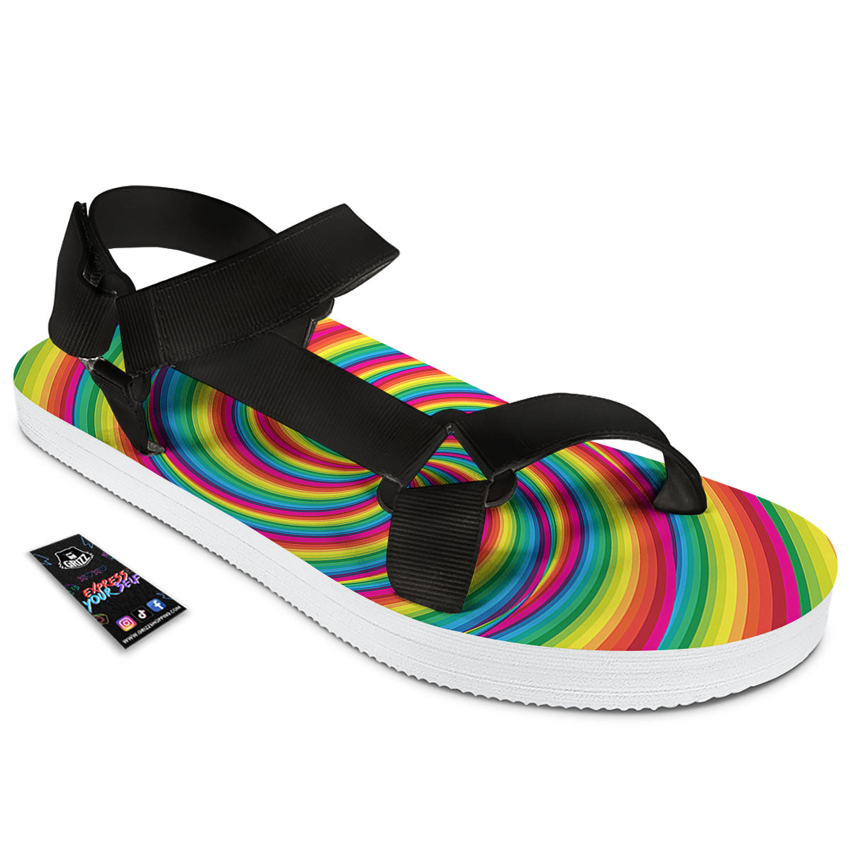 Swirl Candy Rainbow Print Black Open Toe Sandals-grizzshop