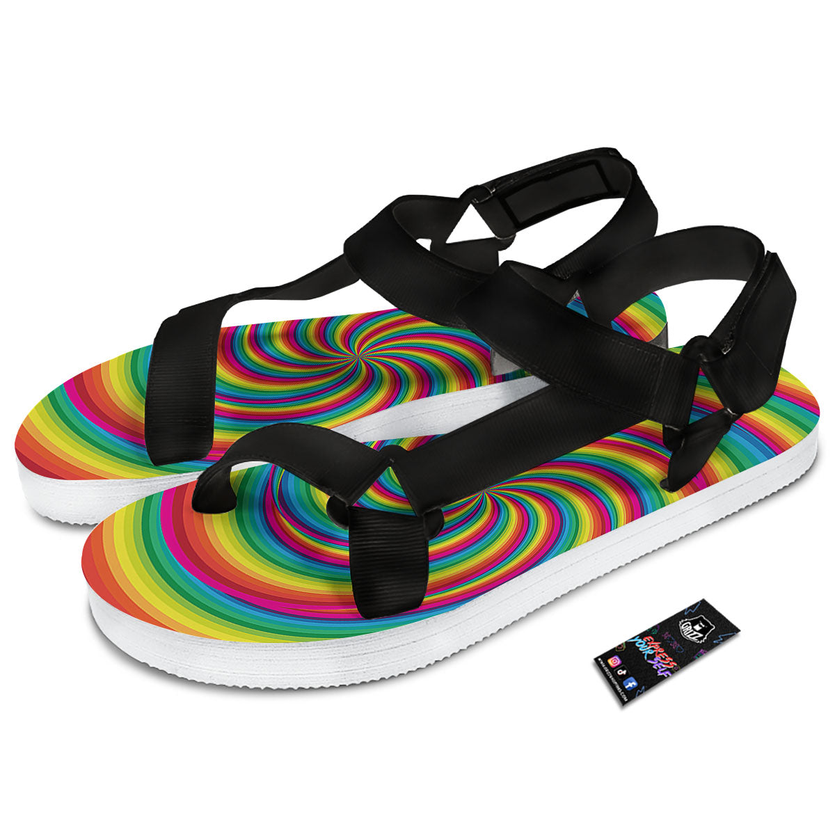 Swirl Candy Rainbow Print Black Open Toe Sandals-grizzshop