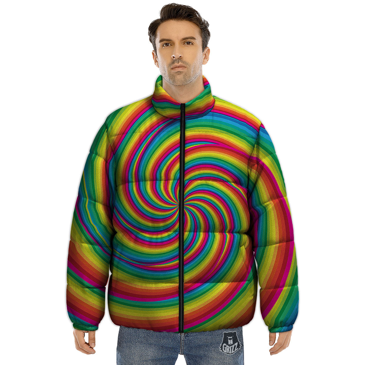 Swirl Candy Rainbow Print Puffer Jacket-grizzshop
