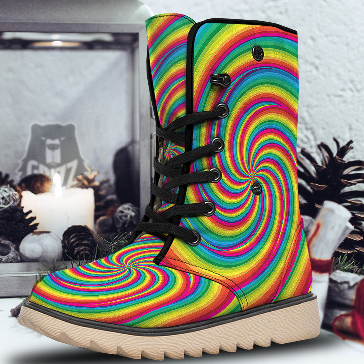 Swirl Candy Rainbow Print Snow Boots-grizzshop