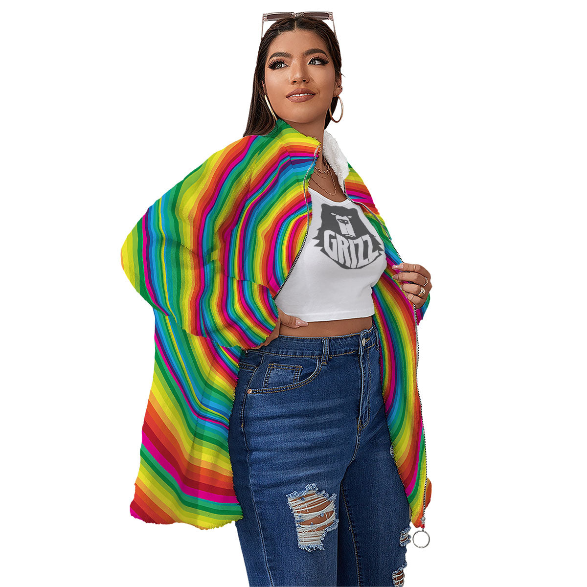 Swirl Candy Rainbow Print Women's Sherpa Jacket-grizzshop
