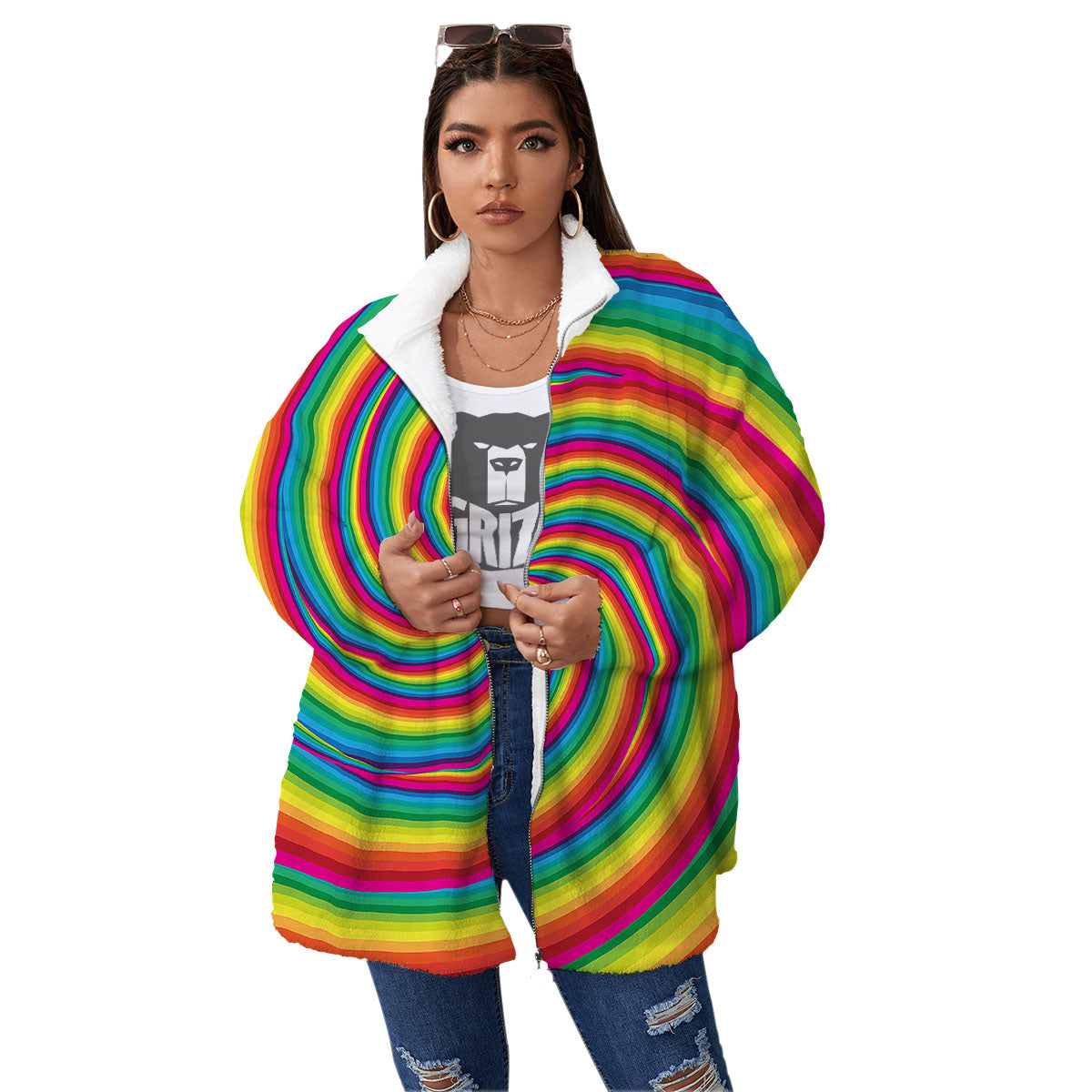 Swirl Candy Rainbow Print Women's Sherpa Jacket-grizzshop