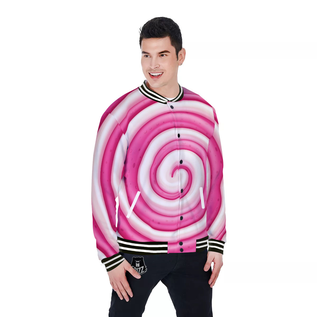 Swirl Pink Lollipop Print Baseball Jacket-grizzshop