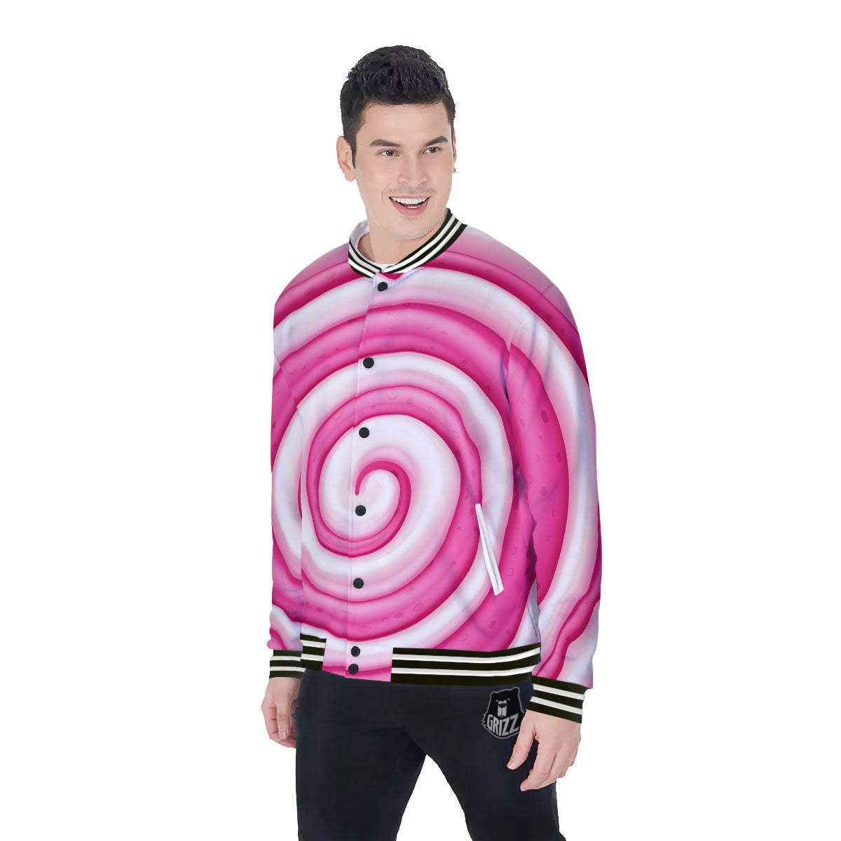 Swirl Pink Lollipop Print Baseball Jacket-grizzshop