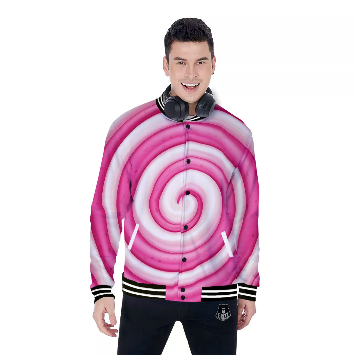 Swirl Pink Lollipop Print Baseball Jacket-grizzshop