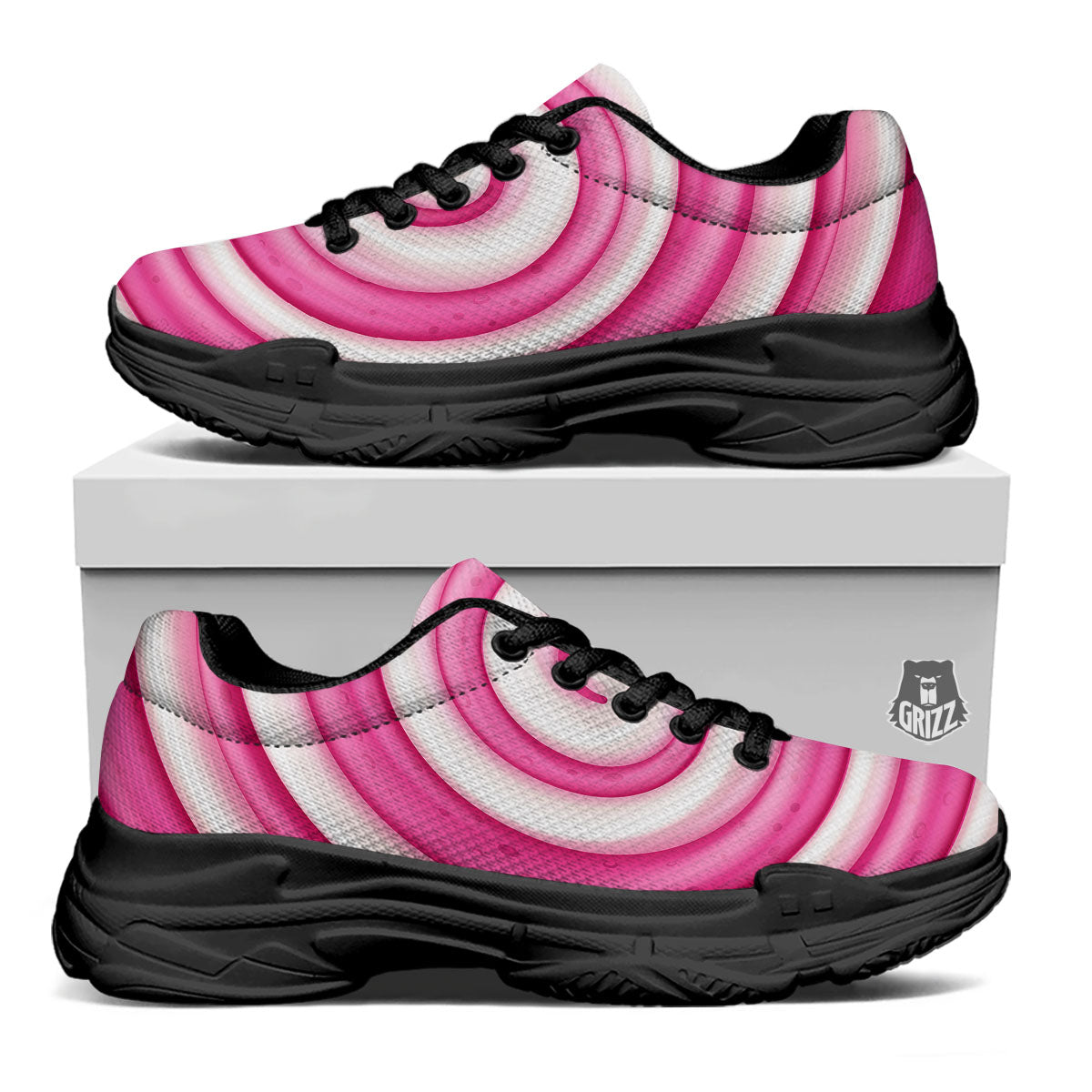 Swirl Pink Lollipop Print Black Chunky Shoes-grizzshop