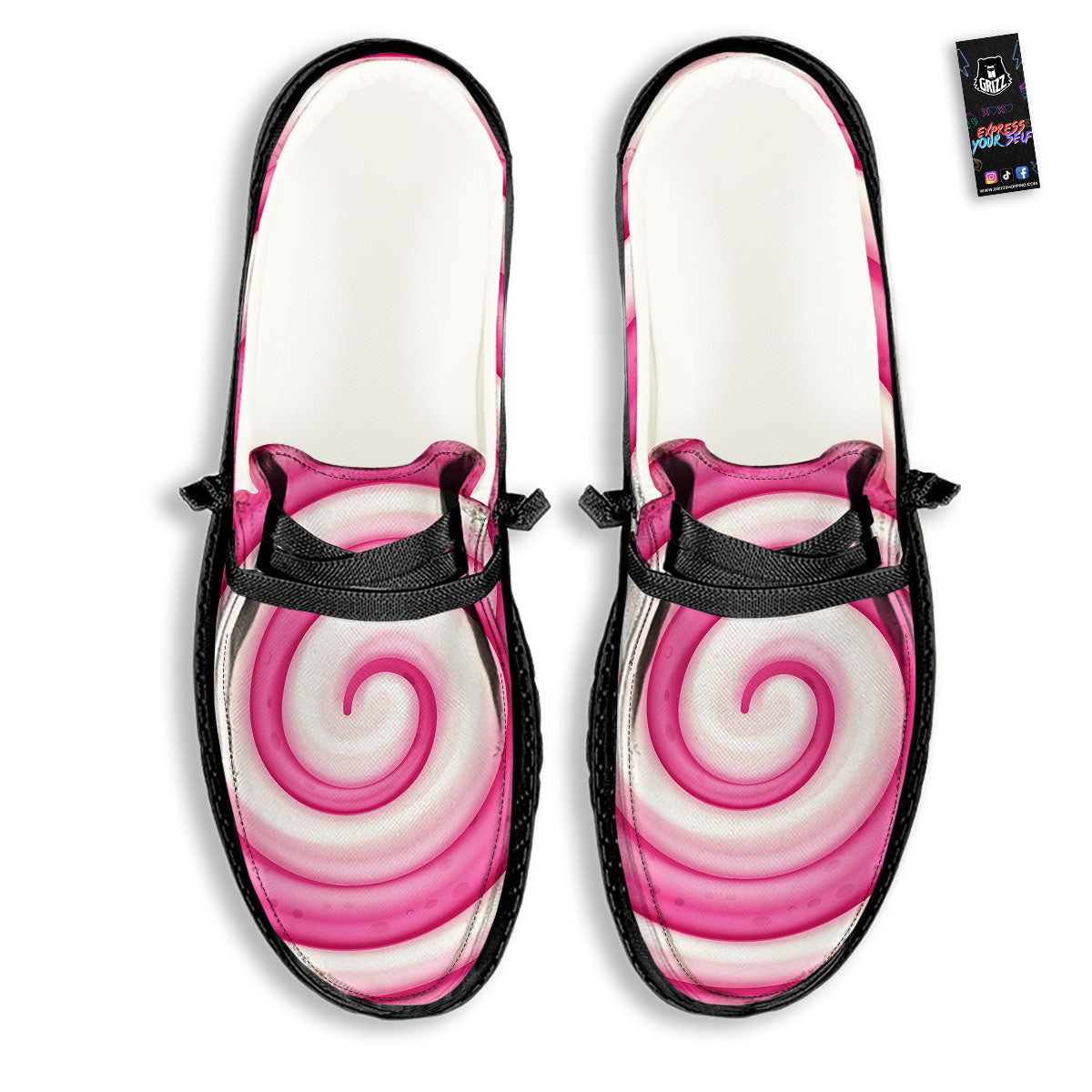 Swirl Pink Lollipop Print Black Loafers-grizzshop